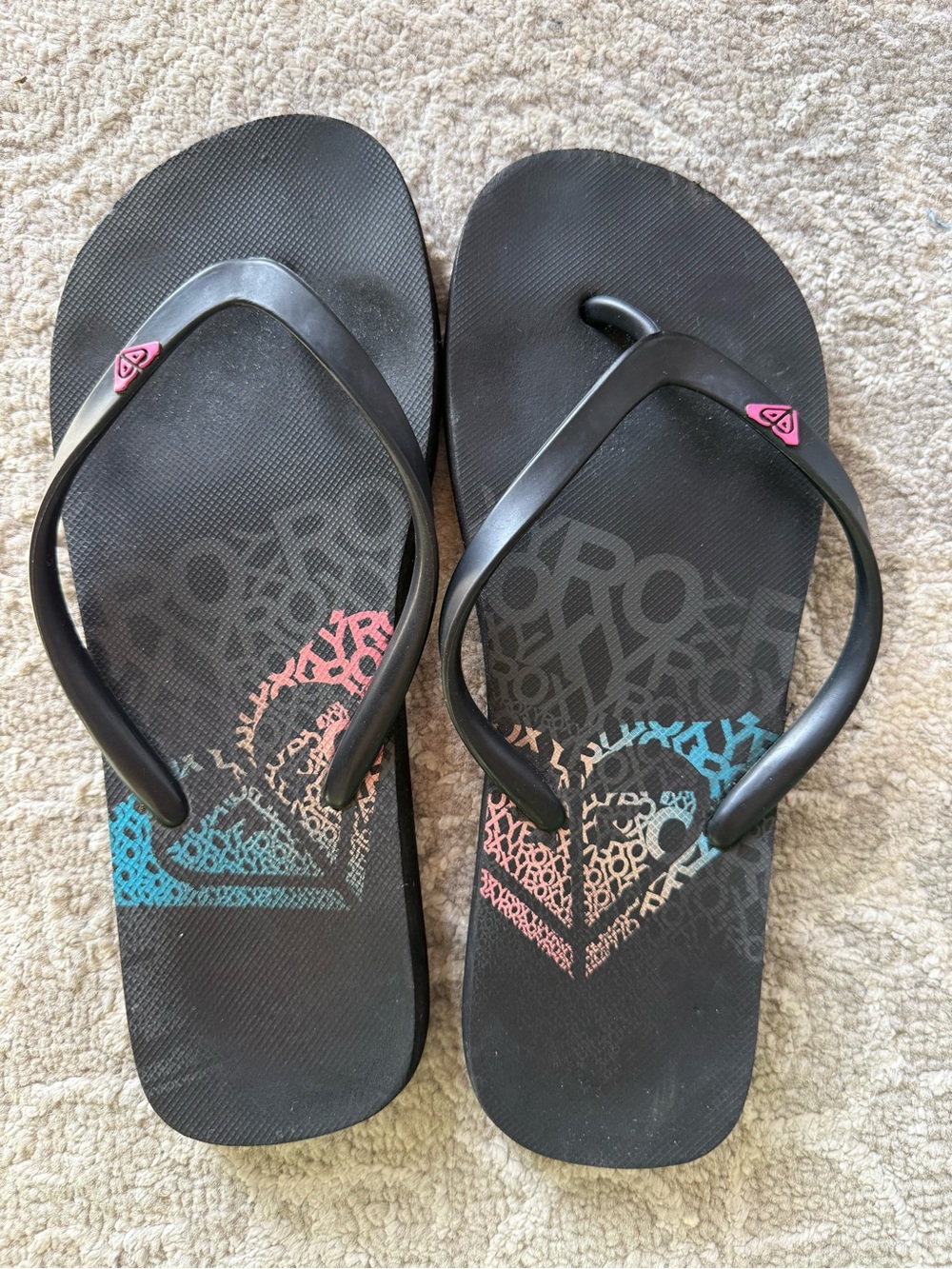 Roxy Women's Black Flip-Flop Sandals with Pink & Blue Accents